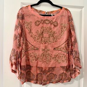 Anthropologie Pink Bell Sleeve Blouse with Boxy Relaxed Fit